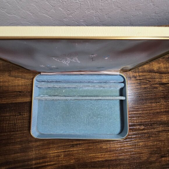 Vintage MCM Farrington Travel Size Cream Floral Jewelry Box Blue Velvet Lining - Picture 14 of 15